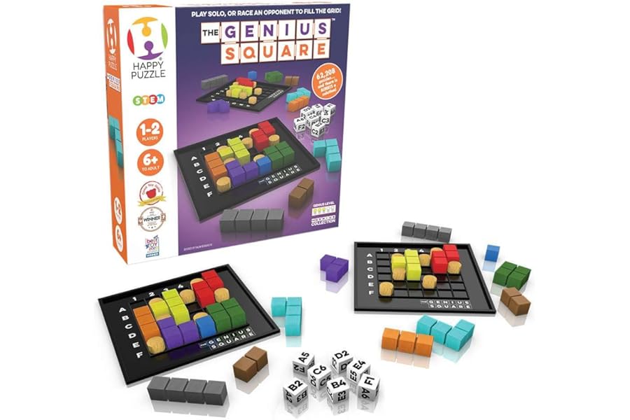The Happy Puzzle Company - The Genius Square & Collection - Puzzle Challenges for Friends and Family Board Game Night - Logic STEM Educational Learning Resources (The Genius Square)