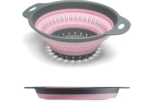 JQKX Collapsible Colander,BPA Free Silicone Colanders & Food Strainers with Plastic Handles Vegetable and Fruit Kitchen Draining Pasta Foldable Strainer Colander Dishwasher Safe 3 Quart Pink