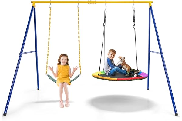 COSTWAY Portique Balançoire Extérieur en Métal avec 2 Balançoires, Balançoire Enfant Extérieur avec Cadre en Forme A & Cordes Réglables, Charge Max 300kg pour Adulte et Enfant de 3 Ans+