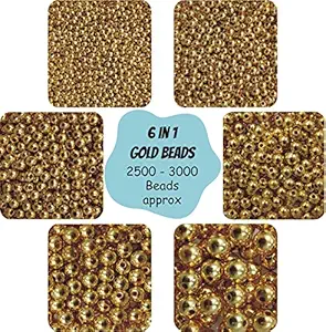 INDIKONB Gold Color Beads 2500 pcs Bead for Jewelry Making , Earring , Necklace , Bracelet Set for Girls and Women (6 Round Golden Pearl Bead Moti of size 3 mm, 4 mm, 5mm, 6mm, 8mm, 10mm + Nylon Wire) for Jewellery , Art & Craft