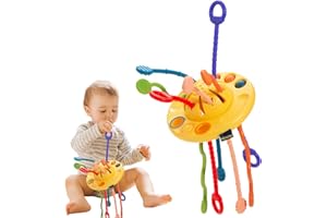 Jokooan Giocattoli Montessori per Neonati, Giocattoli per Bambini Giocattoli per Abilità Motorie Giocattoli per attività Multisensoriali, Giocattoli per Bambini con Corda in Silicone（giallo）