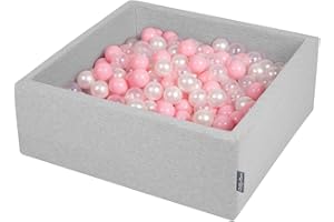 KiddyMoon 90X30cm/300 Balls ∅ 7Cm / 2.75In Square Baby Foam Ball Pit Made In EU, Light Grey:Light Pink/Pearl/Transparent