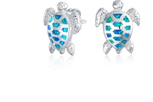 BLING JEWELRY Nautical Tropical Beach Vacation Iridiscente Rosa Blanco O Azul Opalo Creado Inlay Sea Tortoise Turtle Stud Earrings For Women Teen .925 Sterling Silver 13Mm
