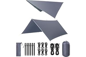 VOSOIR Tarp Campeggio 3x3M/3x5M, Ultra Leggero Telo Antipioggia Impermeabile, Protezione UV, con Corde Vento e Chiodi in Alluminio, Ultra Antistrappo, per Escursione Picnic All'aperto