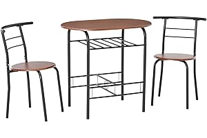 HOMCOM Dining Table and Chairs Set 3, Breakfast Bar Table and 2 Chairs with Storage Shelf, Wood-Effect Tabletop, Metal Frame, Dining Room Set for Living Room, Small Space, Natural