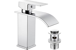 Peppermint Basin Taps Mixers Waterfall with Slotted Pop-up Waste Bathroom Sink Mixer Tap Square Stainless Steel Monobloc 1 Hole with G1/2'' Hoses Modern Cloakroom Taps Mono