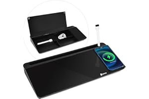 Varhomax Lavagna bianca da scrivania in vetro nera con caricabatterie wireless, lavagna bianca cancellabile a secco con spazio di archiviazione, lista delle cose da fare, blocco note per casa e