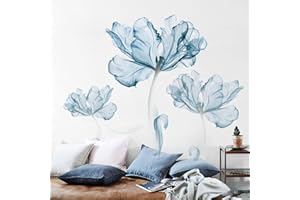 Runtoo Stickers Muraux Fleurs Coquelicots Grand Autocollant Mural Aquarelle Floral Bleu Deco Stickers Salon Salle de Bain Chambre Décoration