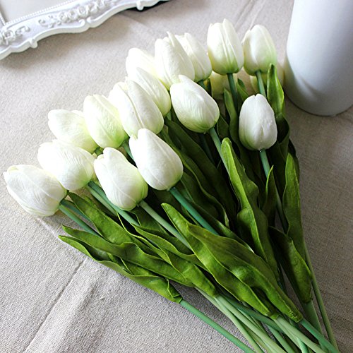 20 Stück JUYUAN-EU Tulpe künstliche Blumen mit Blätter Dekoriere Kunstblumen Latex Real Touch Bridal Wedding Bouquet Home Decor Weiss - 5