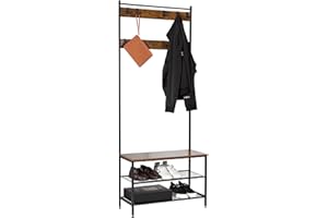 Jigerjs Coat Rack, Coat Rack with Shoe Bench, Entryway Storage Organizer with 9 Movable Hooks, 3-in-1 Design, Steel Frame, for Bedroom, Hallway, Entrance, Industrial, Rustic Brown