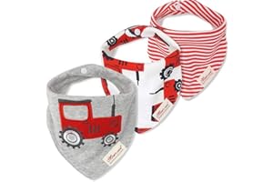 CUTE ON CuteOn Momscare Baby Drool Bibs, Unisex 3-Pack Absorbent Cotton, Triangle Bib with Snaps Gift for Boys & Girls - Asorted (26 Red Tractor)