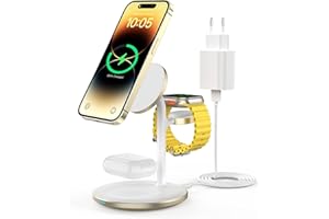 ROROSKIN Indukcyjna stacja ładująca 3 w 1, bezprzewodowa stacja ładująca, kompatybilna z Mag Safe ładowarka do iPhone 14/12/11/Pro/Max, Apple Watch 7/6/5/4/3/2/SE, AirPods 3/2/Pro