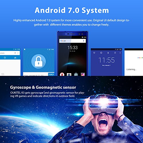 Oukitel K3 4 Kameras Handy Ohne Vertrag 6000mAh Akku 5.5 Zoll Touch-Display 1920*1080pixel Double (16MP+2MP) 64GB Interner Speicher 4GB Ram Octa Core 4G Dual SIM Smartphone Fingerabdruck-Blau