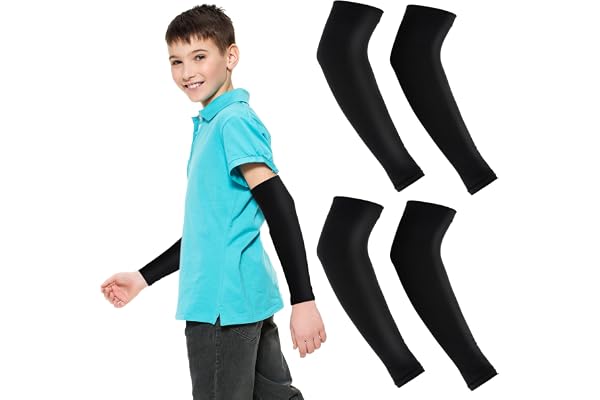 Telooco 2 par barnärmar solskydd ärmar armskydd svart vit issilke komprimerad anti-UV anti-skärning för pojkar och flickor, svart, 24*8.5cm/9.4*3.3in