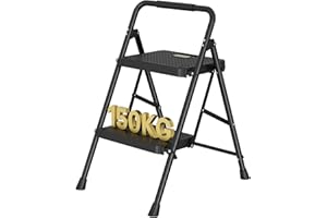 ‎BONTEC BONTEC Składana Drabina 2 Stopniowa, Udźwig 272 kg, Stalowa Drabina z Antypoślizgowymi Pedałami, Przenośna, Do Użytku Wewnętrznego i Zewnętrznego, Czarna, Stabilna i Wytrzymała Konstrukcja