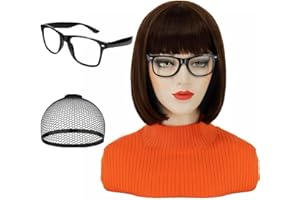 PORSMEER Brązowe peruki Bob dla Velma, Cosplay krótkie włosy z grzywką, dla kobiet i dziewcząt, 1 x czarne okulary, naturalne, słodkie, syntetyczne kolorowe peruki na imprezę, Halloween