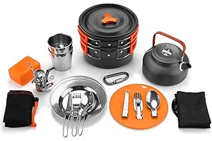 AITSITE Awroutdoor Casseroles Camping Set, 13 pièces Aluminium Léger Camping Léger Casserole Pan Set avec Sac de Filet, Bouilloire, Couteau, Fourchette, Cuillère, 2 Tasses et Un Crochet