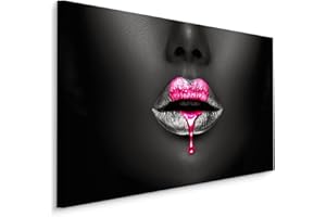 Muralo - Canvas Picture Face Woman Silver Pink Lips Ready to Hang - Wall Picture Art Print for Living Room Bedroom Office Wall Decoration Modern Vintage Glamour Loft Style 100 cm x 70 cm