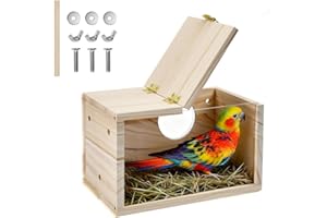 FuxFuis Nichoir pour Perruches, Nid en Bois pour Oiseaux, Nid Inseparable pour Cage, Nid Oiseau pour Cage avec 3 Vis +3 Rondelles +3 Fixations +1 Bâtonnet en Bois pour Oiseaux de Petite et Moyenne