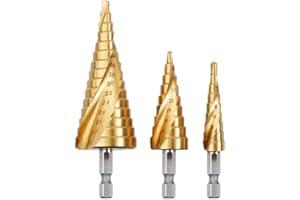 Rovtop 3PCS Foret Fraise Meche Etage, HSS Inox Metal, 4-12/20/32mm, Triangle Conique Titane, avec Tige Hexagone, Pour Visseuse Percage sur Acier, Laiton, Bois, Plastique