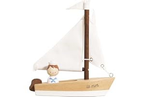 Le Toy Van – Wooden Sailing Boat & Captain | Fire the Imagination with Textile Sails Childs Play toy - Suitable for Ages 3+ years, White
