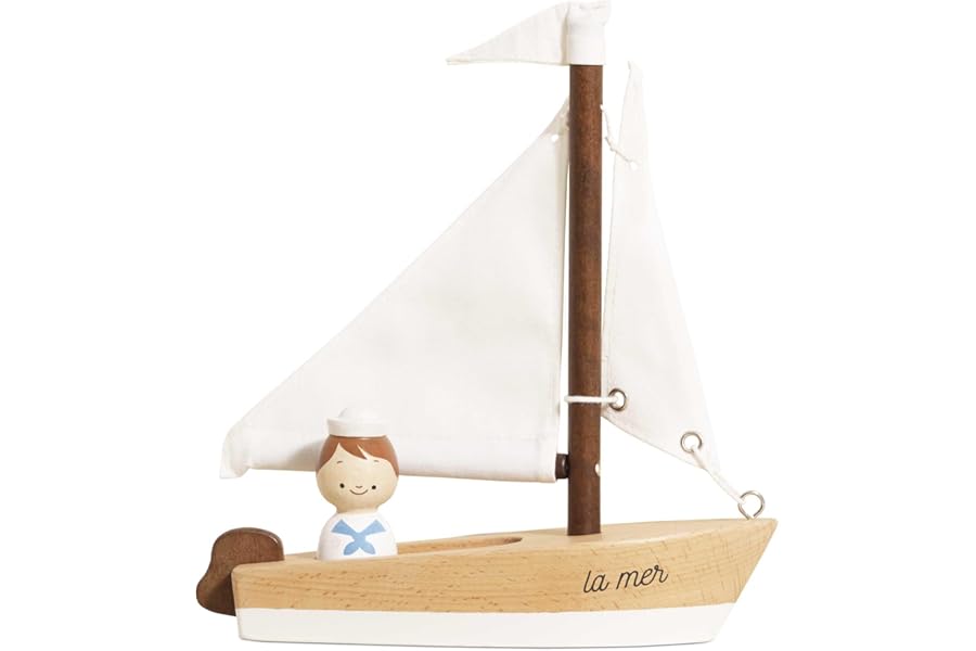 Le Toy Van – Wooden Sailing Boat & Captain | Fire the Imagination with Textile Sails Childs Play toy - Suitable for Ages 3+ years, White
