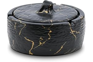 YoHyien Cendrier Exterieur de Table en Ceramique, Cendrier avec Couvercle Anti-Odeur et Anti-Vent, Fermé pour la Terrasse, le Jardin, la Maison et le Bureau (Noir Doré)