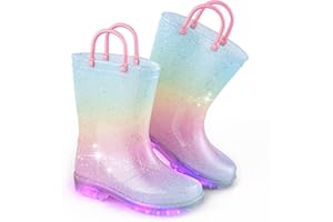 EUXTERPA Kids Toddler Light Up Wellies Glitter Welly Rain Boots for Girls with Handles for 1-9 Year Old Child