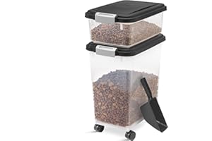 raxter Pet Food Storage Container Set, Clear with Red Lid, Food-Grade Plastic, 45L Combined Capacity, Airtight Seal, Wheeled Base, Stackable, 3 Piece Set with Measuring Scoop (Black)
