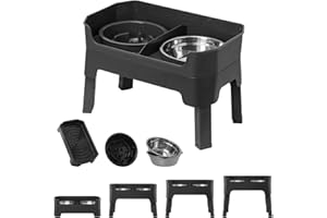 YY FOREYY FOREYY 4-in-1 Adjustable Elevated Dog Bowls with Slow Feeder, 4 Height Non Slip Raised Dog Bowl Stand with 2 Stainless Steel Food Water Bowls & Licking Plate for Small Medium Large Pets (Grey)