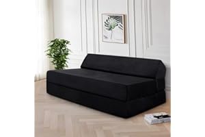 Panana Lightweight and Comfy Lazy Z Bed Deluxe Futon Fold Out Sofa For Adults Kids Children Double Folding Mattress Sleepover Chair Living Room Bedroom Toddler Furniture (Black, Double)