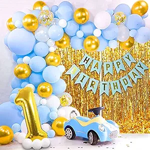 Party Propz Birthday Decoration kit for 1st Birthday Boys- 28Pcs with Foil Curtain / Bday Supplies Items with Blue HBD Bunting, Number Foil Baloons/1st Birth Day Props for Kids, Baby/Newborn Gifts Set