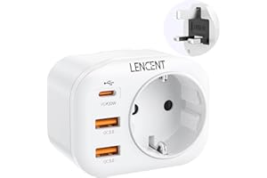 ‎LENCENT LENCENT 4-w-1 Szybkie ładowanie Adapter Podróżny UK Adapter, Typu-G Wtyczka Podróżna Adapter z 2 USB QC3,0 + 1 Typu C PD 20W, Polski/EU do Wielka Brytania, Irlandia, Dubaj, Singapur, Hongkong, Biały