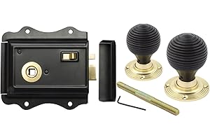 AB Hardware Old English Victorian Style Latch Lock Snib + Ebonised Beehive Rim Door Knob Set (Polished Brass)