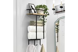 Luxspire Towel Rack Wall Mounted, Bathroom Towel Storage with Wooden Floating Shelf & 3 Hooks, Wall Mounted Towel Holder, Black + Wood