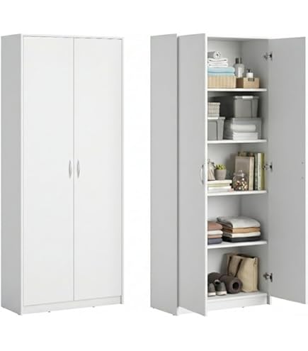 Home Collective Multifunctionele kast met 8 vakken Bezemkast Huishoudkast in matte afwerking met 6 legplanken en 2 deuren, 74 cm breed, gemaakt van laminaatplaat en hoogwaardige polymeergrepen Wit