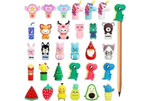Demarsen Lot de 30 décorations de crayons en silicone pour enfants, motif dinosaure, licorne, lapin, fournitures scolaires, cadeaux de fête (style mixte)