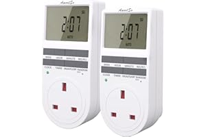 2 Pack Awootsv Digital Security Timer Plug Socket 10 ON-Off Programs Programmable Switch with Random Mode, 24 Hours/Weekly Indoor Automatic Switch, 230V, 13A, 2900W, White (TE05UK-1)