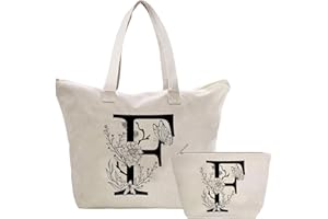 TOOZEN Personalizzata Iniziali Borsa Tote in Tela Donna, Cotone Tote Bag Borsa Shopper e Cosmetica Borsa, Idea Regali per Amica, Collega, Mamma, Regalo di Compleanni, Nozze, Natale F