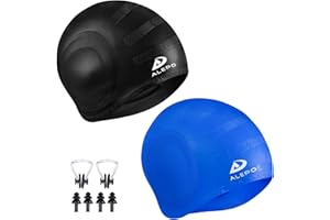 Alepo 2 Pack Unisex Badekappen Damen Herren mit 3D-Ohrenschutz, Schwimmkappe Langlebige Flexible Silikon Bademütze Badehaube Kinder Erwachsene für kurzes/langes Haar mit Ohrstöpseln und Nasenclip