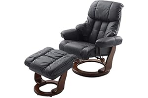 ‎ROBAS LUND Robas Lund Relaxsessel Calgary mit Hocker, bis 130 kg belastbar, drehbarer Fernsehsessel mit Liegefunktion, Echtleder schwarz, Gestell Holz walnuss