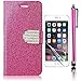 Produktbild Sunroyal Dauerhaft Hot Pink Rose Rot Elegant Luxus Muster Flip Folio Case Wallet Cover Brieftasche Klapp Schutzhülle Schale für Apple iPhone 5 5G 5S SE 5SE Tasche Bling Glitzer PU Leder Hülle Ledertasche Handy Lederhülle Etui Schale PC Plastik Harte Zurück Rückseite mit Strass Magnet Closure Verschluss, Standfunktion, Kredit Kartenfächer + HD Super Klare Displayschutzfolie + Stylus Stift Touch Pen