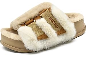 KuaiLu Womens fluff Platform Open Toe Slipper with Arch Support Ladies Fashion Furry Sliders Orthotic Faux Fur Sandal Adjustable House Slippers Indoor Outdoor Size 4~10