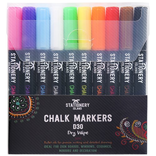 Stationery Island Kreidestift D30 3mm Feine Rundspitze – Bunt Trocken Abwischbare Kreidemarker 10er Set - 9