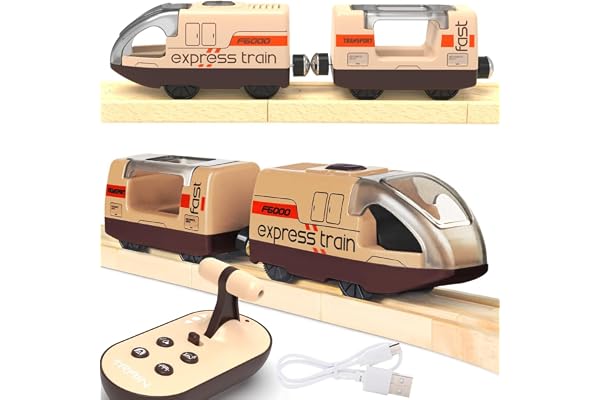 TOPLIVING Train de fer électrique pour rails en bois, train jouet télécommandé, train motorisé avec son, locomotive à piles, compatible avec Thomas, Brio et Chuggington