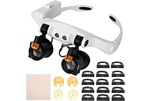 PERMUST Lunettes loupes avec lumière, loupe frontale, tête libre avec 2 lumières LED, objectif interchangeable, 3 x 4 x 5 x 6 x 7 x 10 x 15 x pour les loisirs, la lecture, les électriciens, les bijoutiers, la