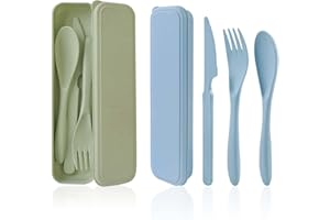 CUAYAES 2 Set Posate da Viaggio con Custodia Portatile, Posate Plastica Riutilizzabili,Coltello, Forchetta, Cucchiaio Set di Posate per Campeggio, Scuola, Pranzo Ufficio (verde+blu)