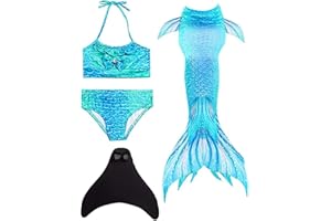 Pyjacos meerjungfrauenflosse mädchen Badeanzug - Meerjungfrau Flosse Bademode mit Bikini Set und Monoflosse Mermaid Tail, 4 Stück Set