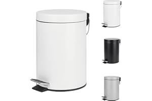 Home Treats Bathroom Bin 3L- Small Pedal bin for Bathroom Bin With Lid, Soft Close Hinge, Toilet, Restroom Stainless Steel Rubbish Waste Bin with Removable Inner Bucket Silver White Black (White)