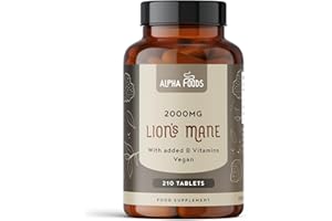 Lions Mane 2000 mg | Criniere de Lion Champignon | 210 Comprimés Vegan | Hericium Erinaceus (12:1) | avec Poivre Noir + Vitamines B | Nootropic | Santé Cérébrale | Alpha Foods